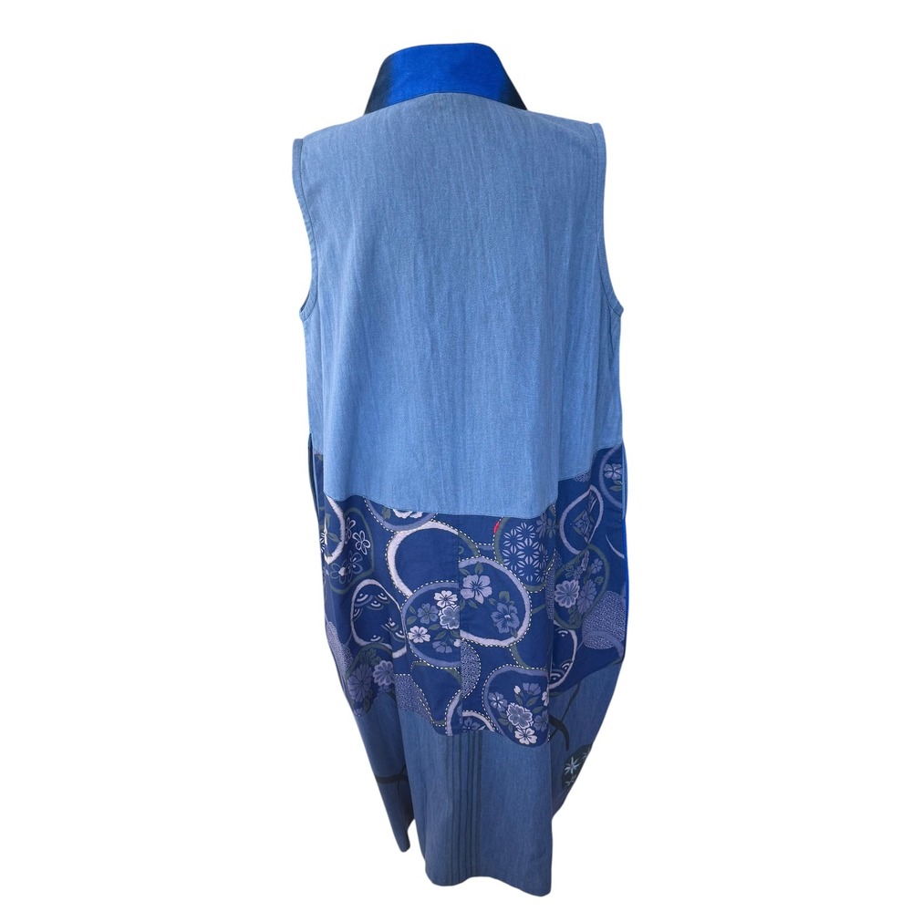 Yaza Eliana Dress Blue Patchwork Cotton Sleeveless Button Front Midi Womens L/XL - Picture 2 of 10